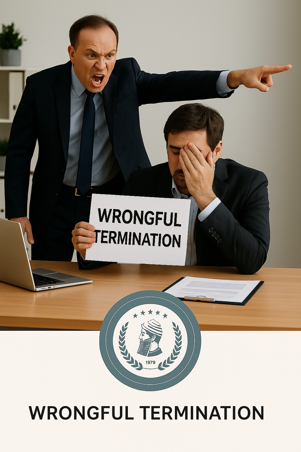 A distressed man in a suit sits at a desk holding a “Wrongful Termination” sign while covering part of his face with his hand. Behind him, an angry employer in a suit points forcefully toward the exit. A legal-style logo showing “1979” appears in the footer beneath the scene.