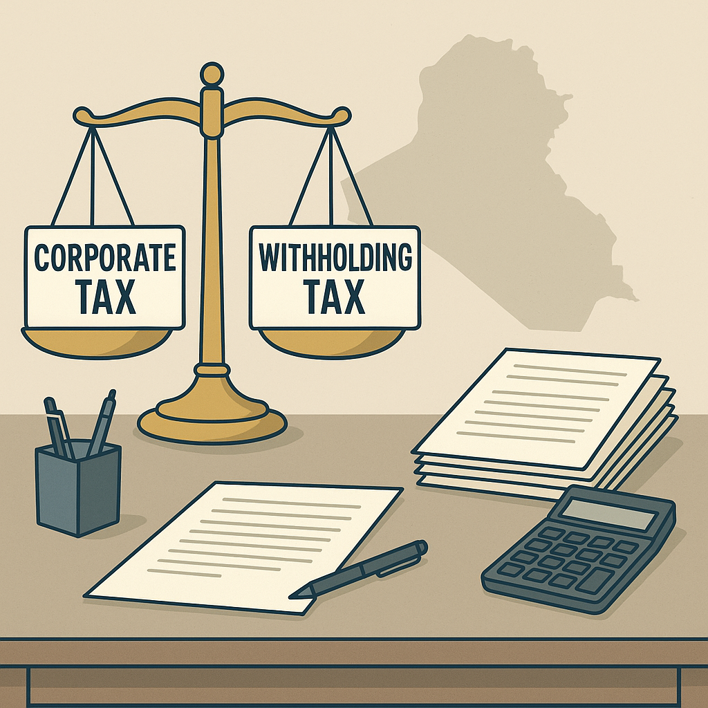 “Illustration of golden scales labeled ‘Corporate Tax’ and ‘Withholding Tax’ in front of Iraq’s map, with legal documents and a calculator on a lawyer’s desk.”