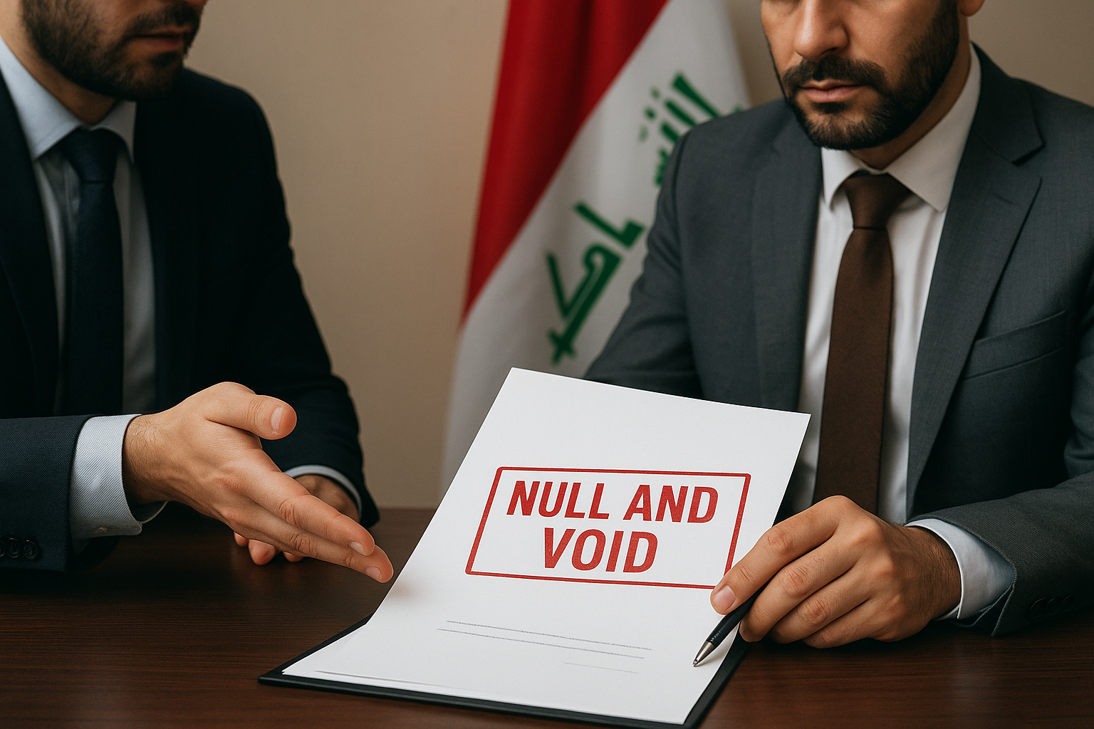 Two businessmen in suits review a contract marked “Null and Void” with the Iraqi flag in the background, symbolizing invalid agreements by unregistered foreign companies in Iraq