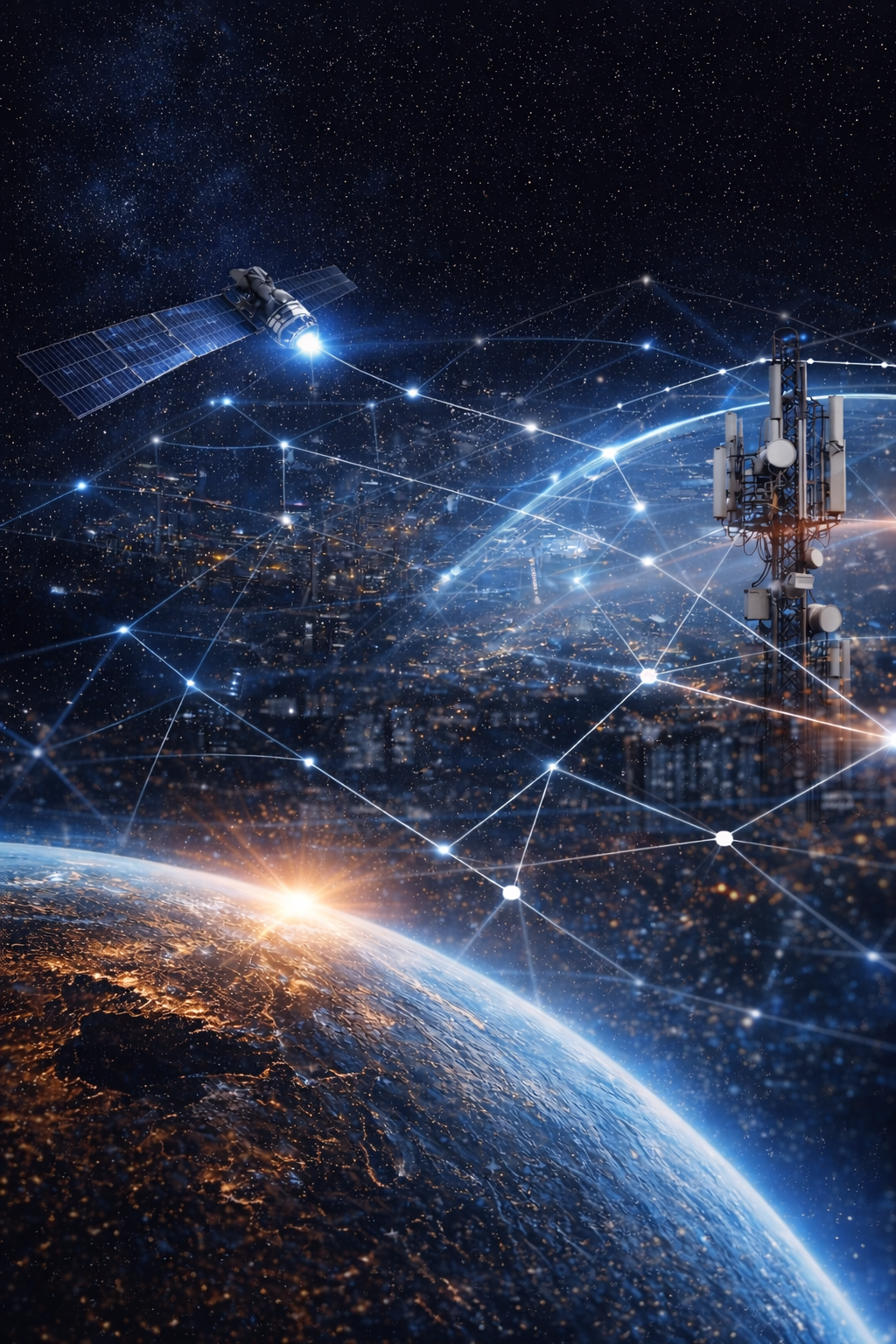 A satellite in outer space beams digital signals toward Earth, connecting with a telecommunications tower and a glowing network of interconnected points over a city at night.